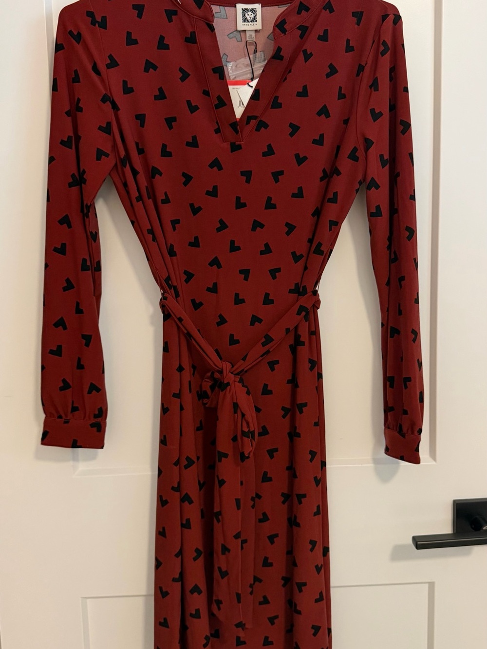 Anne Klein Burgundy Wrap Maxi Dress with Black Print